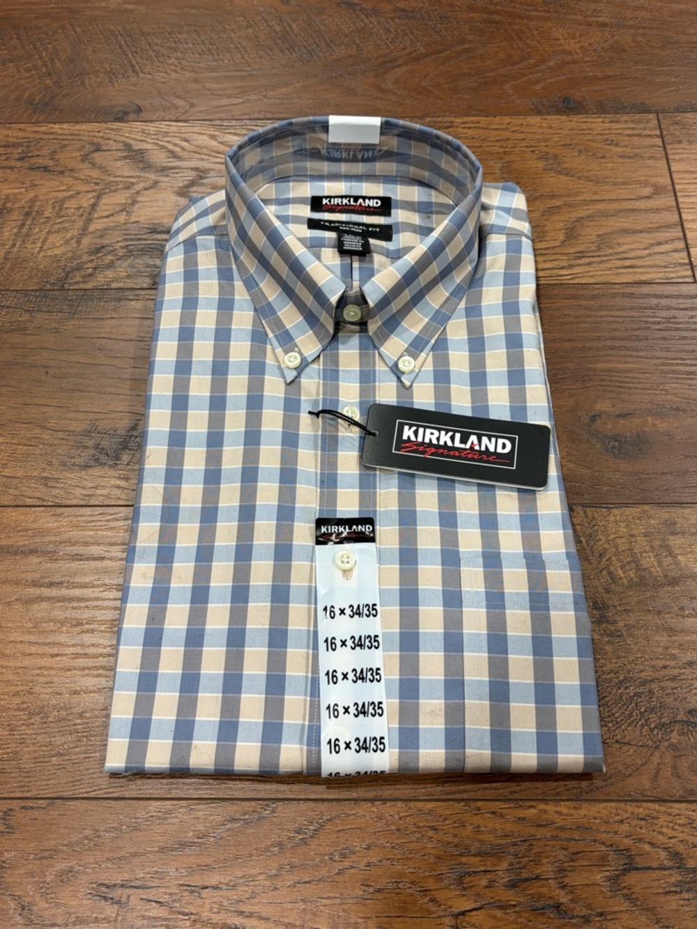 Kirkland Signature Blue and Tan Check Button-Down Shirt